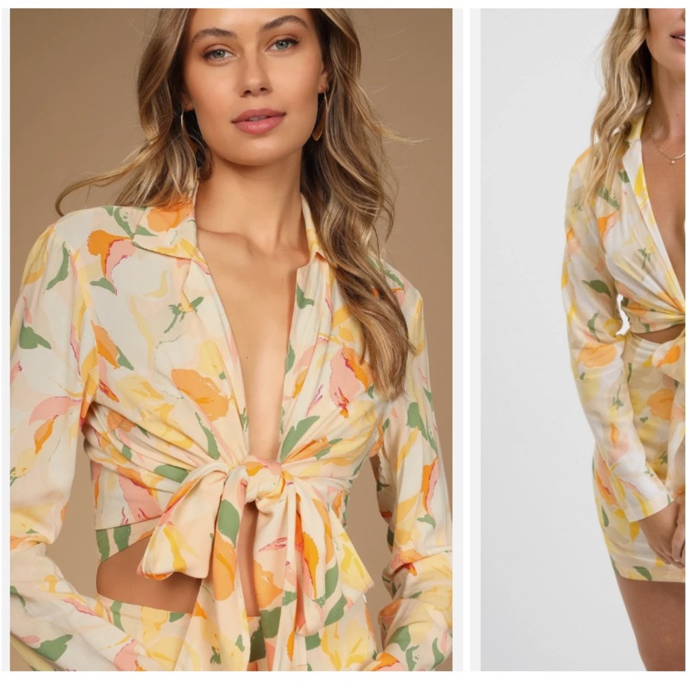 Rhythm Ivy Cream Multi Floral Print Long Sleeve Tie-Front Crop Top M